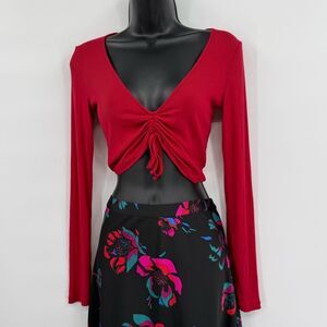 Aritzia Sunday Best Ribbed Long Sleeve Cinched Front Top | Red | Size Small